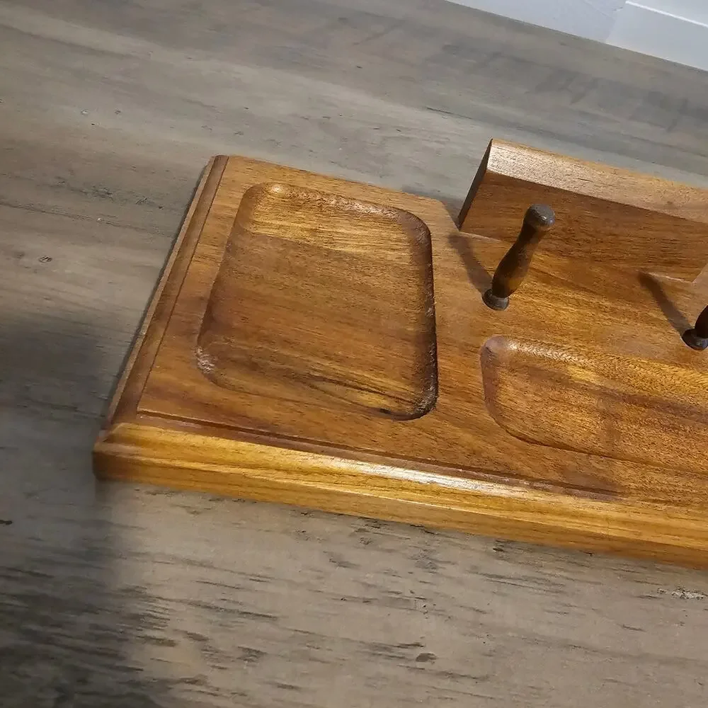 Vintage MCM Walnut Wood Mens Dresser Valet Tray Desk Catchall Organizer Caddy